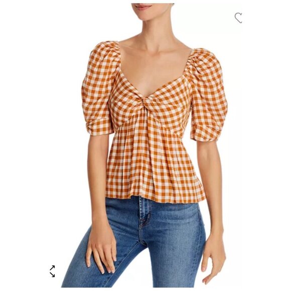 SAYLOR Glenny Gingham Puff Sleeve Top Orange White Size L - Picture 1 of 10